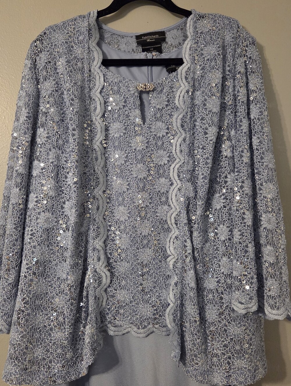 R&M Richards Plus Size Blue Sequence Satin Formal Dress With Jacket. Sz 18W/2X - Picture 5 of 12